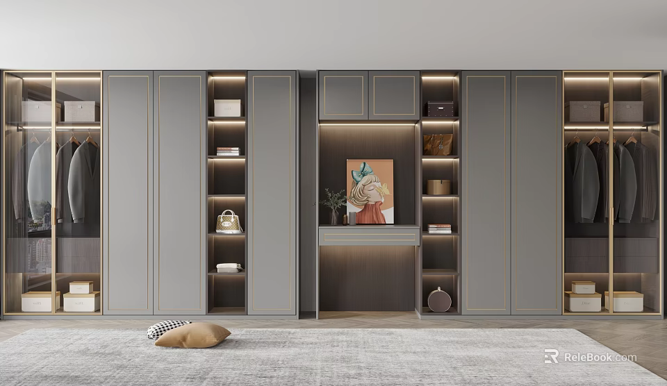 Modern Gray Built-in Wardrobe Interior Design With Lighting Shelves And Decorative Art 3d model 