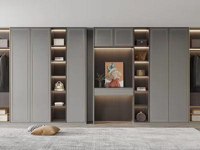 Modern Gray Built-in Wardrobe Interior Design With Lighting Shelves And Decorative Art 3d model