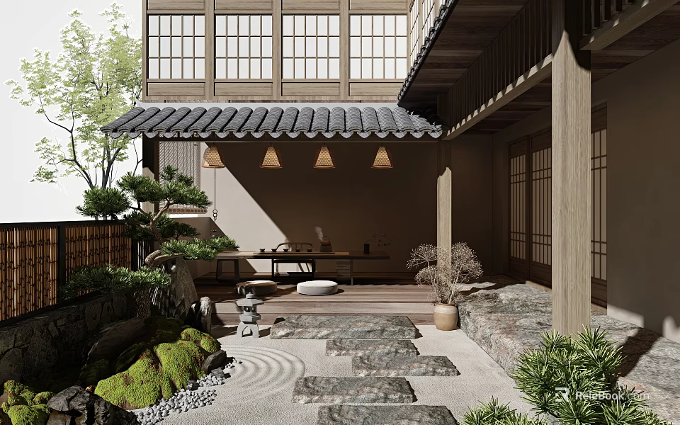 Traditional Japanese Courtyard Garden Featuring Stepping Stones Moss Stone Lantern And Wooden Sliding Doors 3d model 