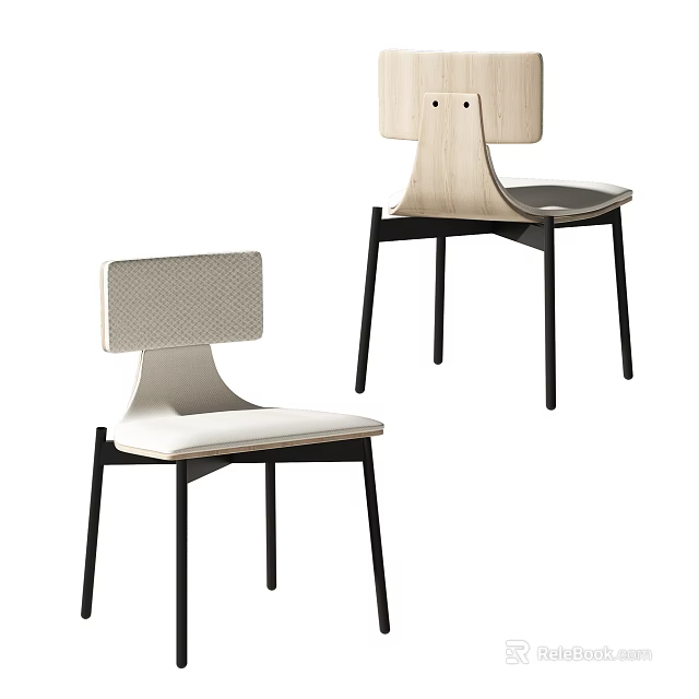 Modern Single Chair With Perforated And Wooden Back Design Light Colored Seat Black Metal Legs 3d model 