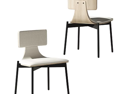 Modern Single Chair With Perforated And Wooden Back Design Light Colored Seat Black Metal Legs 3d model