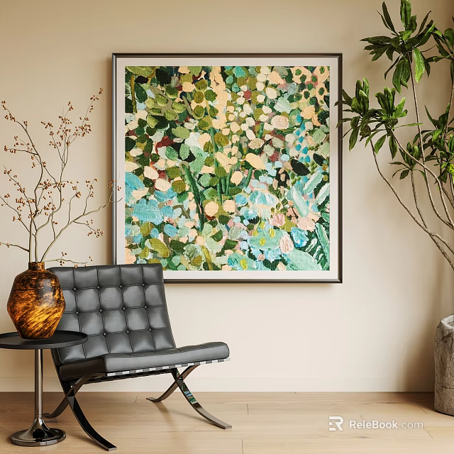 Colorful Abstract Oil Painting With Green Yellow Blue Tones In Modern Living Room 3d model 