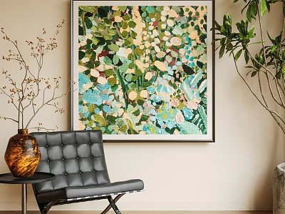 Colorful Abstract Oil Painting With Green Yellow Blue Tones In Modern Living Room 3d model