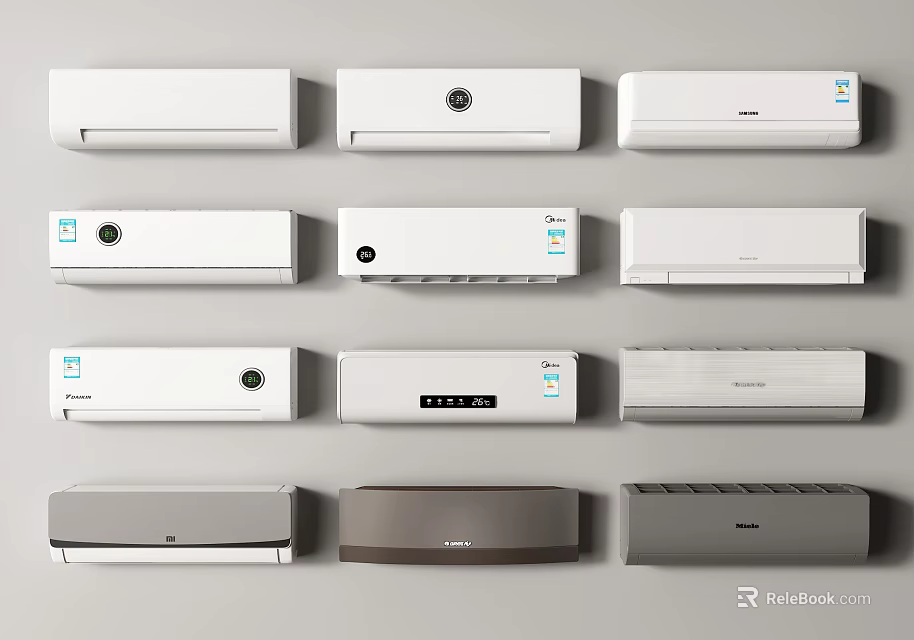 Various Wall Mounted Air Conditioner Fans In White And Gray Modern Designs 3d model 