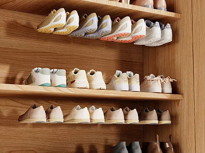 Variety Of Shoes Organized In Wooden Shoe Rack 3d model