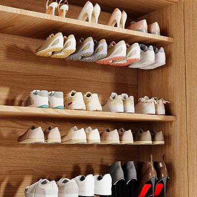 Variety Of Shoes Organized In Wooden Shoe Rack 3d model