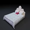 White Double Bed with Unique Headboard Design and Patterned Quilt and Red Accent Pillows