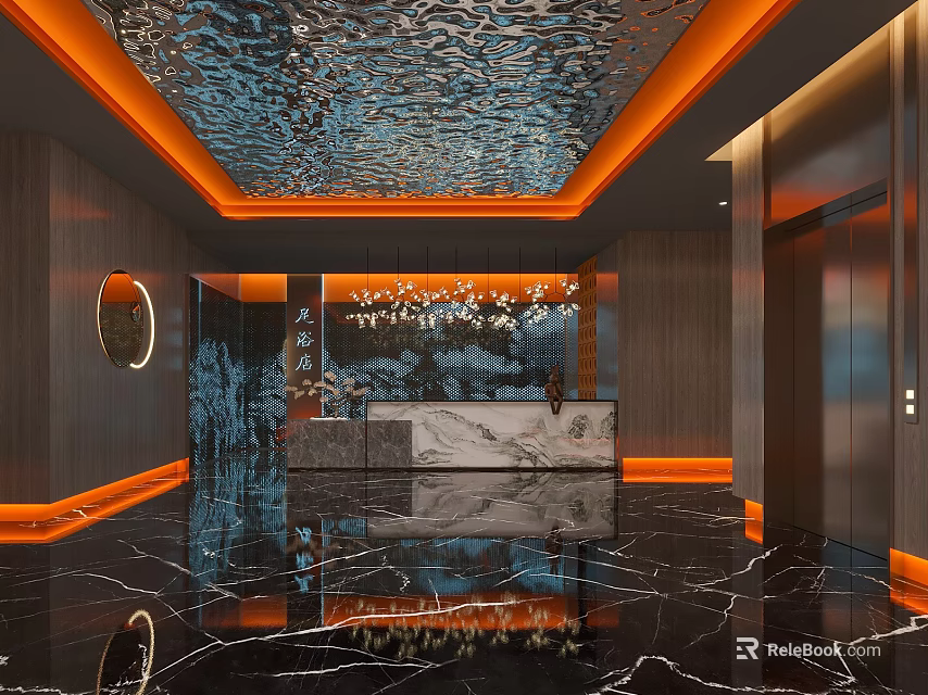 Modern Reception Desk Design With Marble Counter Metal Accents And Mirrored Ceiling 3d model 