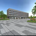 Modern Multi Storey Office Building Exterior With Glass Windows Plaza Greenery Trees And Birds