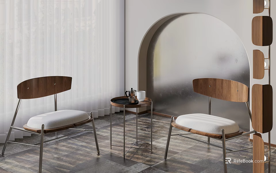 Modern Wooden Backrest Chair And Metal Frame Table Set With White Upholstered Seats 3d model 