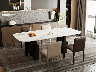 Modern Restaurant Interior With Marble Dining Table Chairs And Decorative Plant 3d model