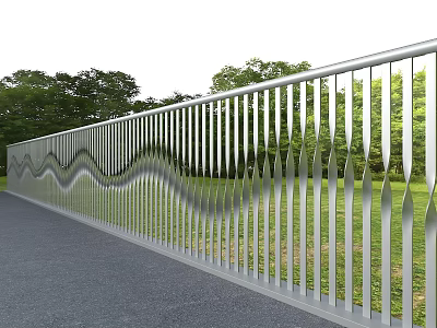 Modern Stainless Steel Railing With Wavy Design In Park Green Grass And Trees 3d model
