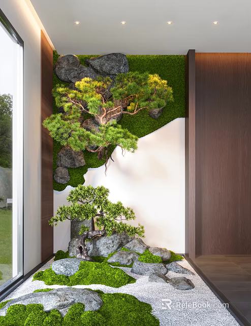 Serene Karesansui Dry Landscape Design with Stones Green Moss and Small Pine Trees 3d model 