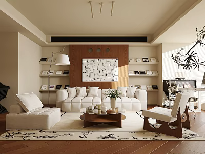 Modern Living Room Interior Design With White Sofa Coffee Table Rug Decorative Painting And Bookshelves 3d model