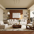Modern Living Room Interior Design With White Sofa Coffee Table Rug Decorative Painting And Bookshelves