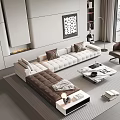 Modern Living Room Sofa And Coffee Table Set With White Brown Upholstery And Marble Top