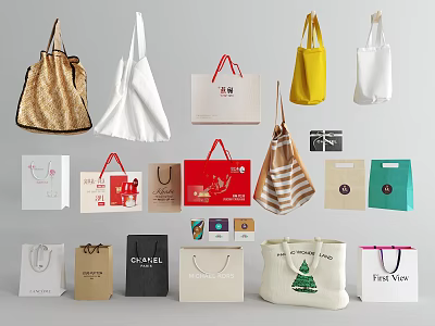Stylish Shopping Bags Collection with Various Colors Branded Designs and Canvas Paper Materials 3d model
