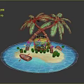 Tropical Island Scenery With Palm Trees Thatched Hut Beach Wooden Boat And Blue Ocean