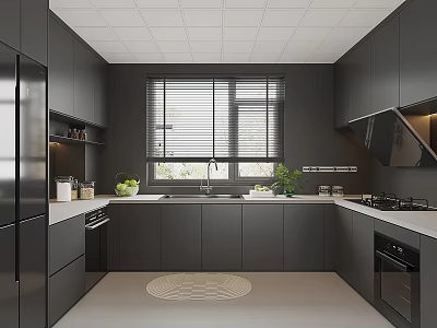 Modern Minimalist Kitchen Interior With Dark Cabinets Window Sleek Countertop And Appliances 3d model