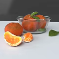 Fresh Oranges in Glass Bowl with Green Leaves and Peeled Segments