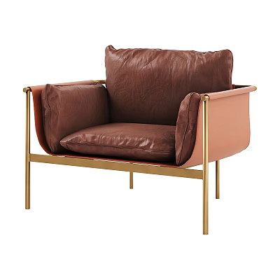 Brown Leather Single Seater Sofa With Golden Metal Frame And Modern Minimalist Style 3d model
