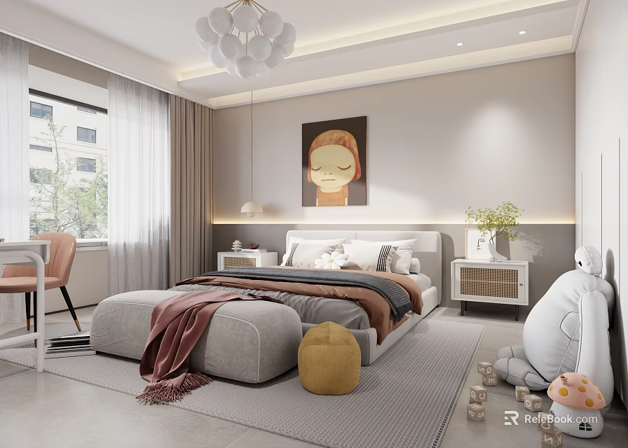 Modern Bedroom Interior Design With Chandelier Bedside Table Decorative Painting And Ottoman 3d model 