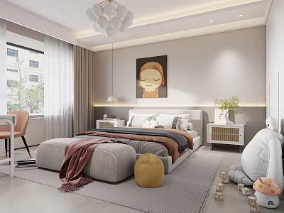 Modern Bedroom Interior Design With Chandelier Bedside Table Decorative Painting And Ottoman 3d model