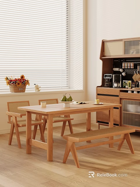 Wooden Dining Table Set With Chairs Bench Window Blinds And Flower Decorations 3d model 