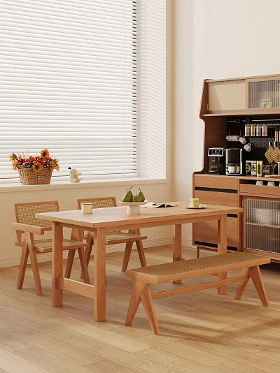 Wooden Dining Table Set With Chairs Bench Window Blinds And Flower Decorations 3d model