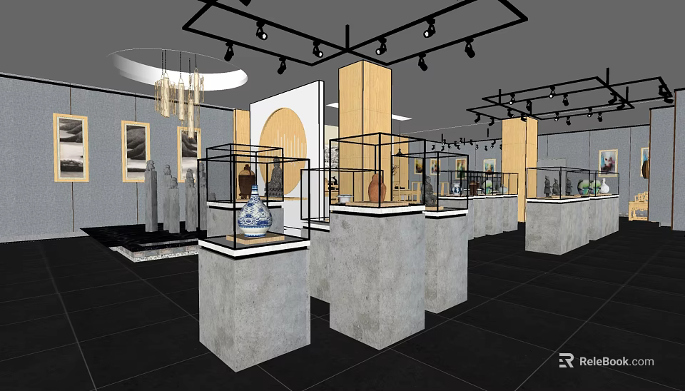 Specialty Store Interior Design With Glass Display Cases Concrete Pedestals And Track Lighting 3d model 