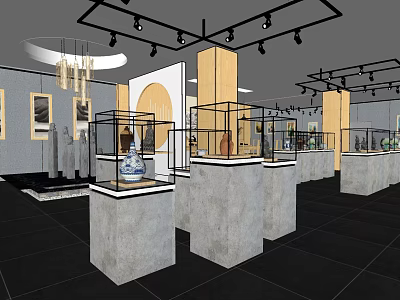 Specialty Store Interior Design With Glass Display Cases Concrete Pedestals And Track Lighting 3d model