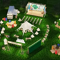 Garden Landscape Featuring Wooden Frame Colorful Flags White Tent on Green Lawn and Mountain Sky