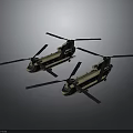 Two Beige Military Helicopters With Black Rotors On Grey Background Scene