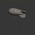 Giant Textured Airship Tethered To Ground With Small Figure On Grassy Dirt Circle Dark Background