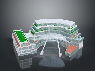 Modern Multi Level Architectural Design With Green Roof And Curved Glass Structure 3d model