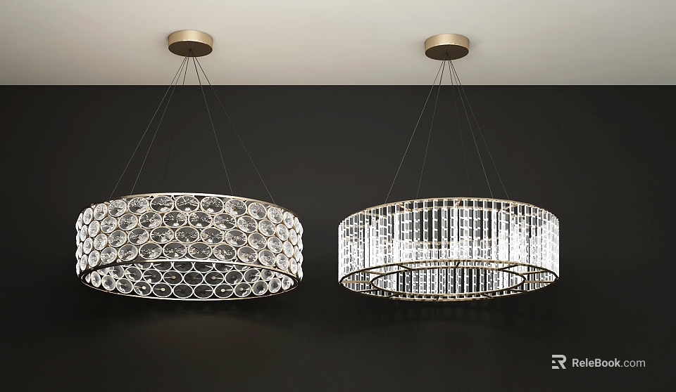 Elegant Crystal Chandeliers With Circular Design And Golden Ceiling Mounts On Dark Wall 3d model 