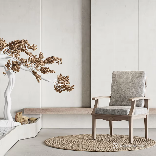 Modern Accent Chair With Wooden Frame And Upholstered Seat In Minimalist Interior Space With Decorative Plant 3d model 