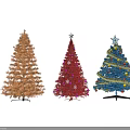 Decorated Christmas Trees in Orange Red and Blue with Star Snowflake and Ball Ornaments