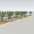 Tree Planters In Curved Park Pathway With Trees Benches And Green Landscaping 3d model