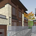 Vibrant Commercial Street with Traditional Buildings Autumn Trees and Pedestrian Seating Areas