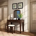 Elegant Wooden Dressing Table With Mirror Decorative Paintings Green Plant And Stool