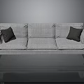 Modern Gray Linen Fabric Three Seater Sofa With Dark Accent Pillows And Metal Legs