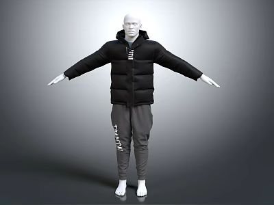 Mannequin Wearing Black Puffer Jacket And Gray Sweatpants With Arms Outstretched 3d model