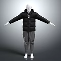 Mannequin Wearing Black Puffer Jacket And Gray Sweatpants With Arms Outstretched
