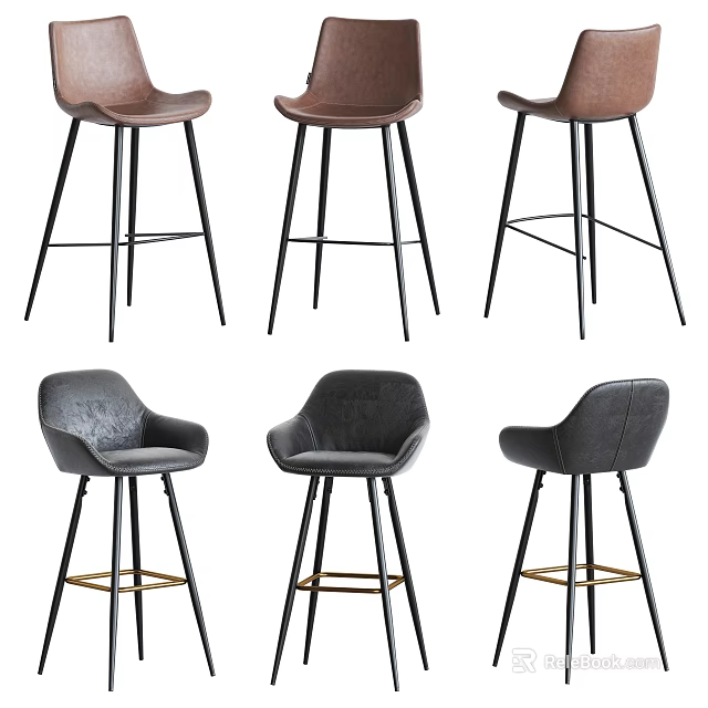 Modern Brown and Gray Bar Stools with Upholstered Seats and Black Metal Legs 3d model 