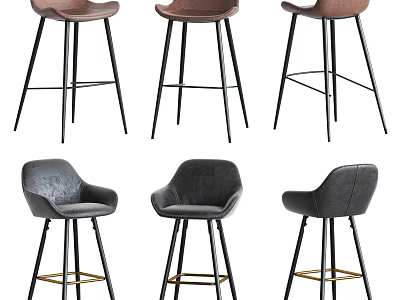 Modern Brown and Gray Bar Stools with Upholstered Seats and Black Metal Legs 3d model