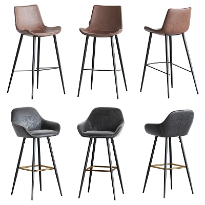 Modern Brown and Gray Bar Stools with Upholstered Seats and Black Metal Legs 3d model