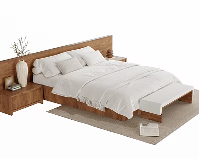 Wooden Double Bed With White Sheets Nightstands Vase Bench And Light Rug 3d model