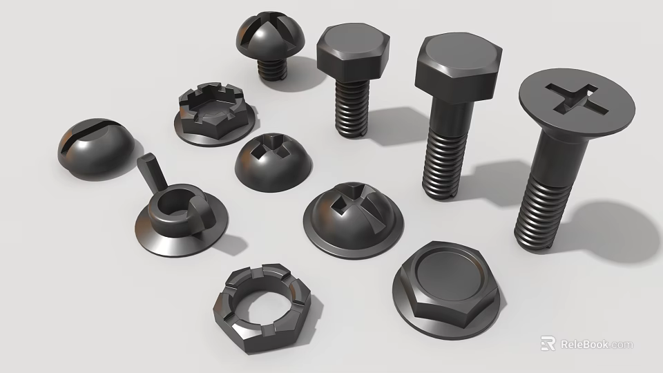 Industrial Equipment Bolts And Nuts In Different Types Hex Round Head Mechanical Fasteners 3d model 