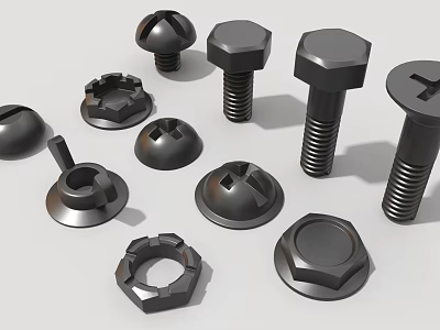 Industrial Equipment Bolts And Nuts In Different Types Hex Round Head Mechanical Fasteners 3d model